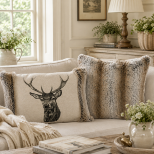 Country Linen Stag Faux Fur Cushion Collection – Set of Two