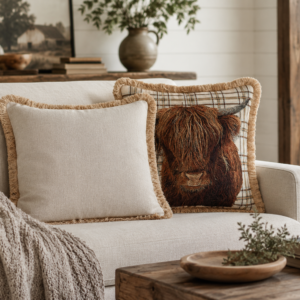 Highland Cow with fringe Tapestry Cushion