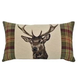 Stag Beige with Plaid Tapestry Cushion with Feather Filler