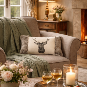 Country Linen Stag with Faux Fur Cushion with Filler