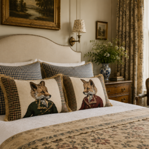 Pair of Master Fergus & Fernando Fox Tapestry Cushion with Tweed & Fringe - Save £40