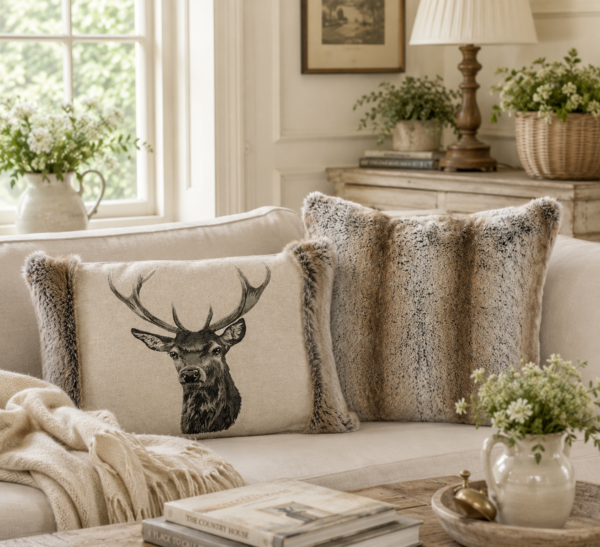 Country Linen Stag Faux Fur Cushion Collection – Set of Two