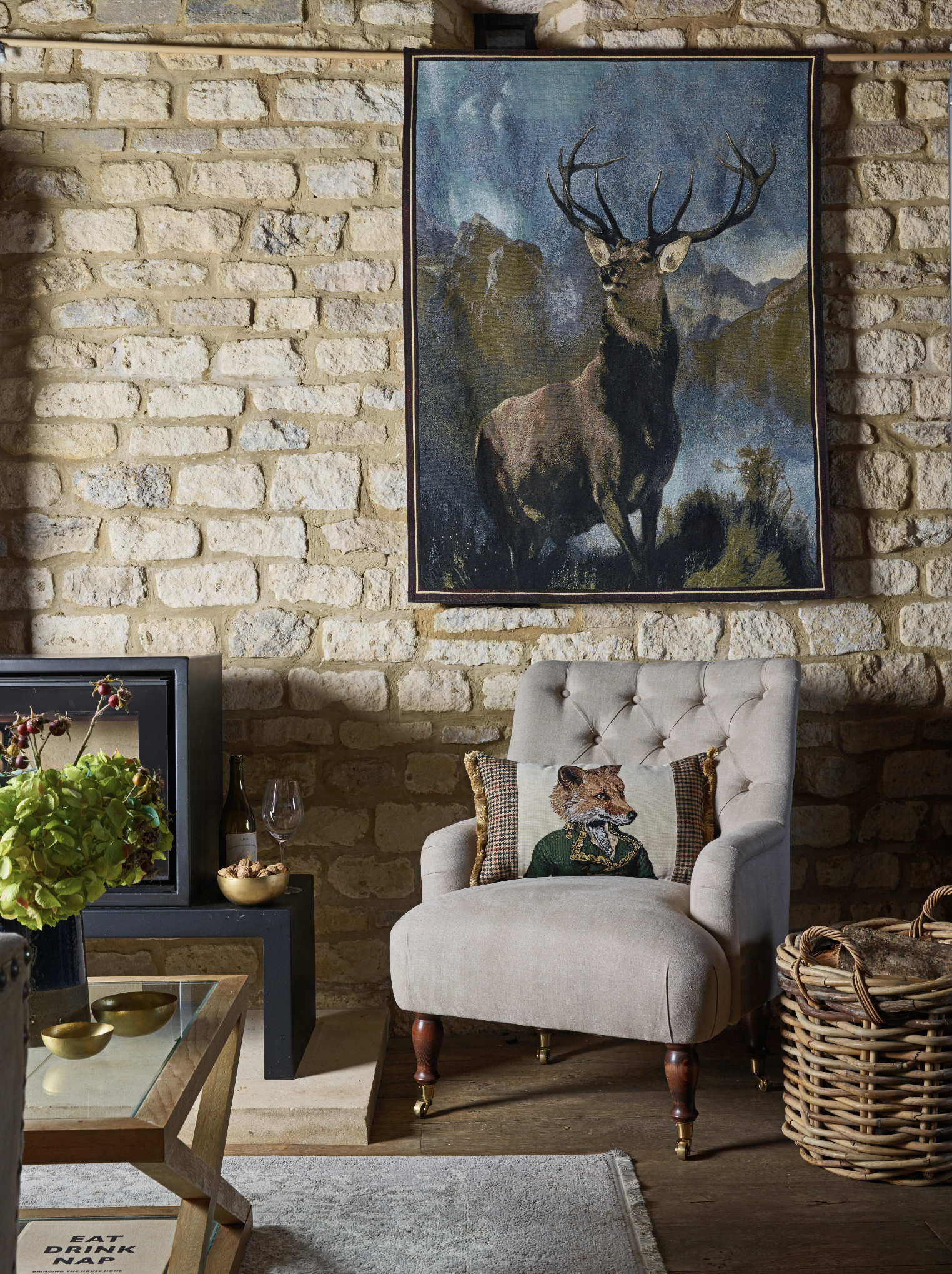 Master Fergus Fox Cushion with Tweed & Gold Fringe with Filler