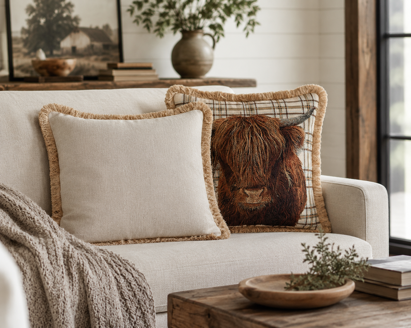 Highland Cow with fringe Tapestry Cushion