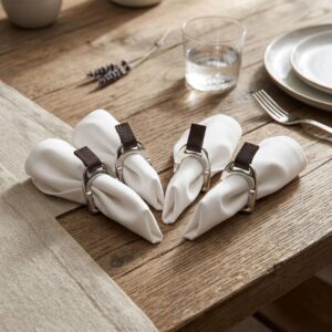 Set of Four Stirrup Napkin Rings with Leather Tabs