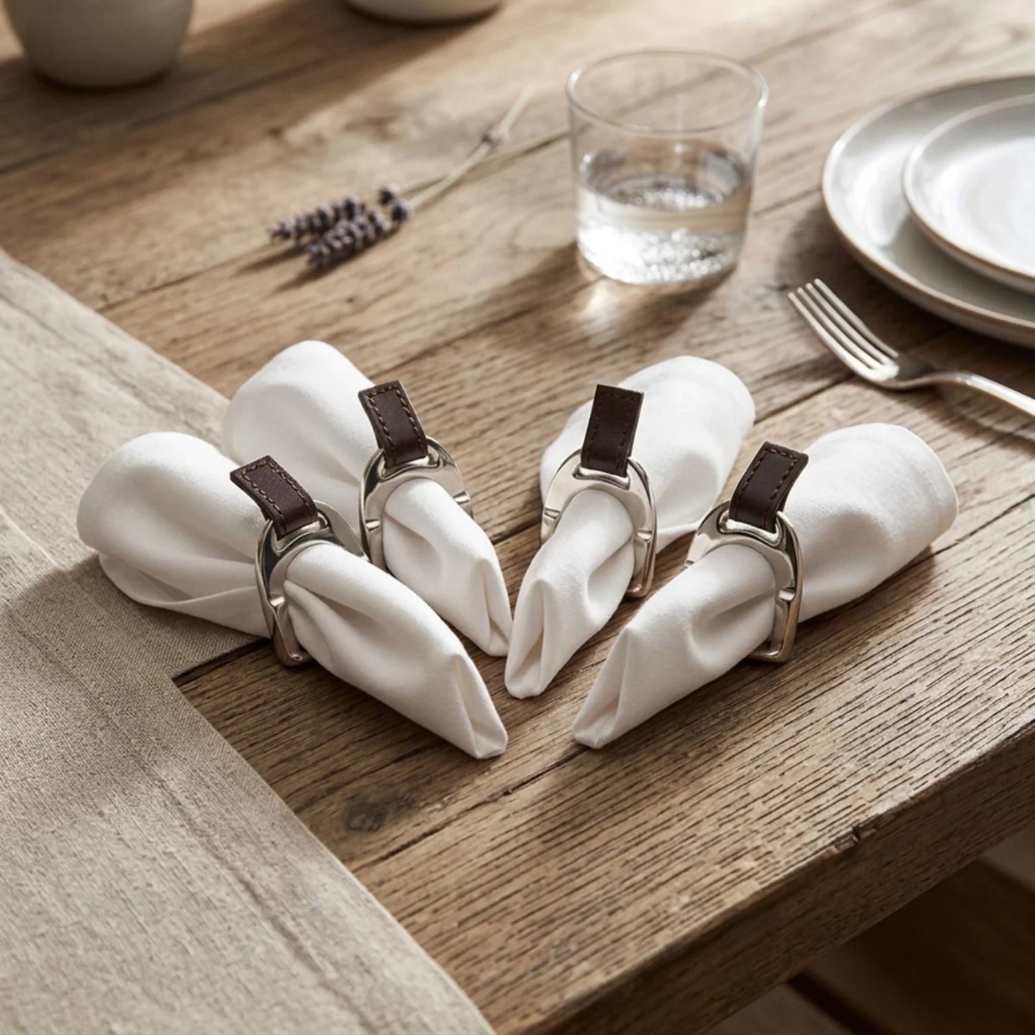 Set of Four Stirrup Napkin Rings with Leather Tabs