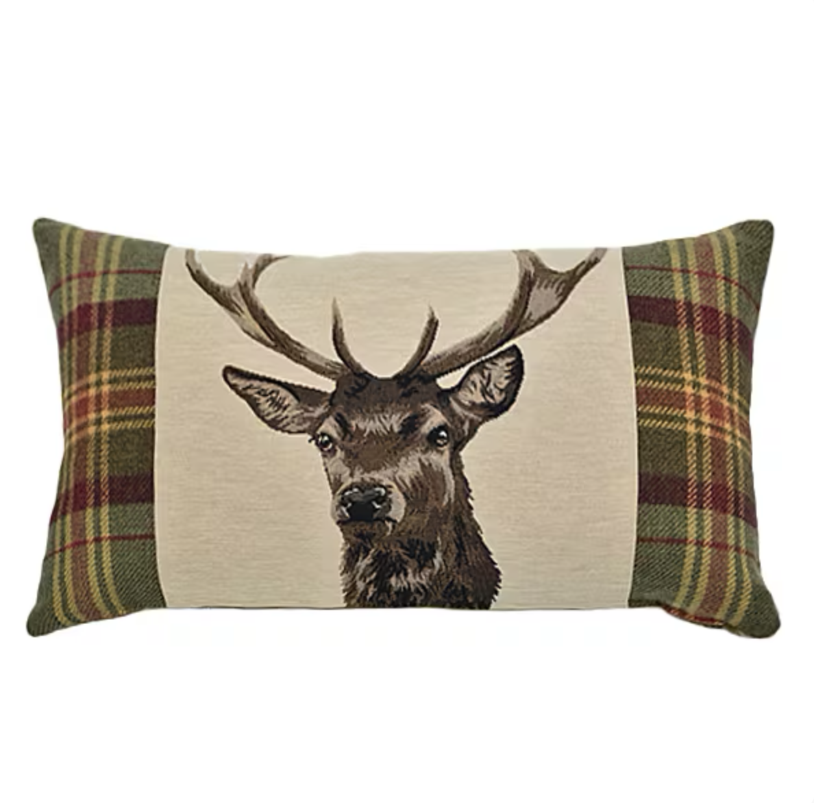 Stag Beige with Plaid Tapestry Cushion with Feather Filler