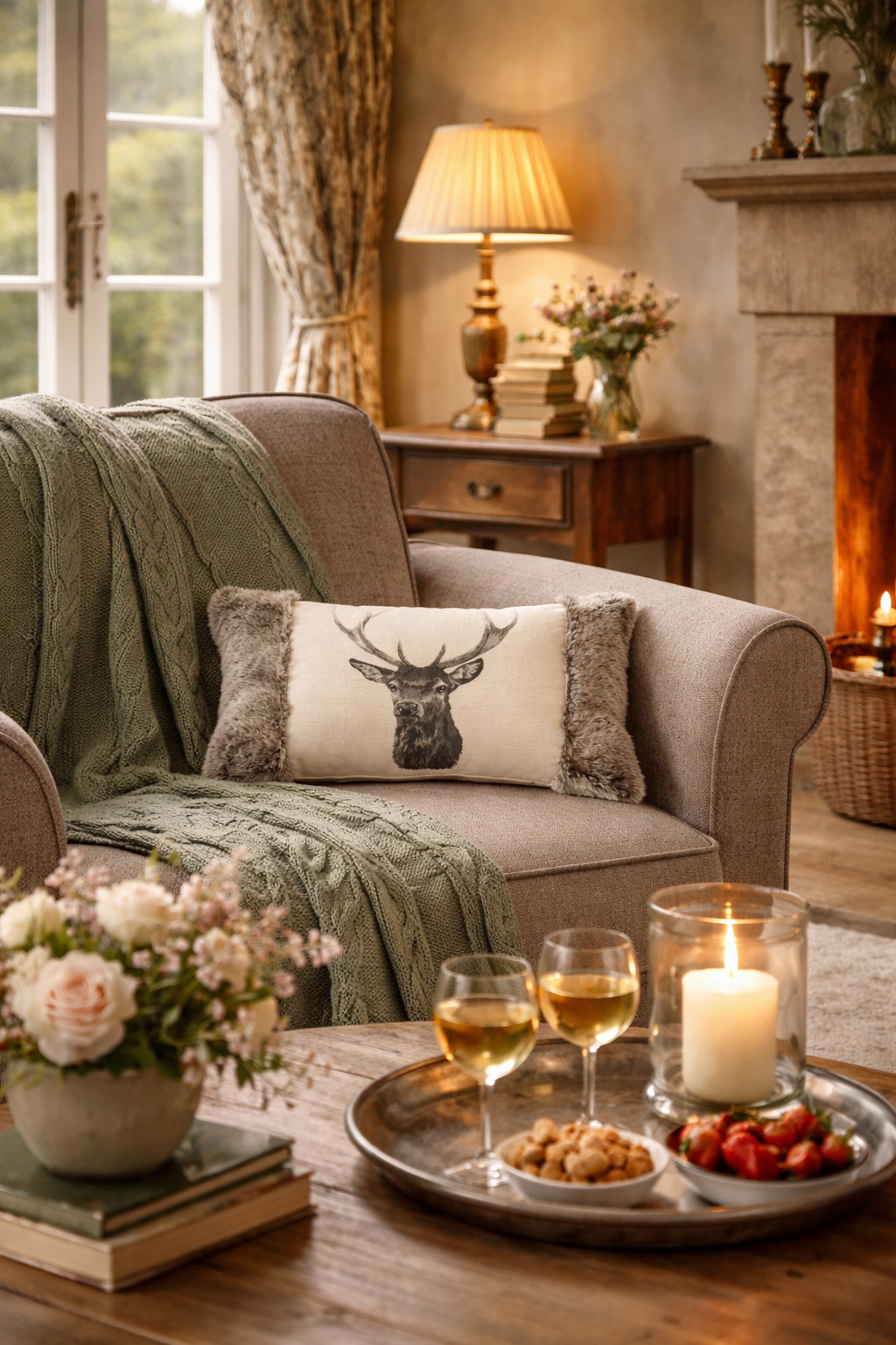 Country Linen Stag with Faux Fur Cushion with Filler