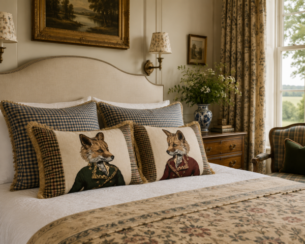 Pair of Master Fergus & Fernando Fox Tapestry Cushion with Tweed & Fringe – Save £40
