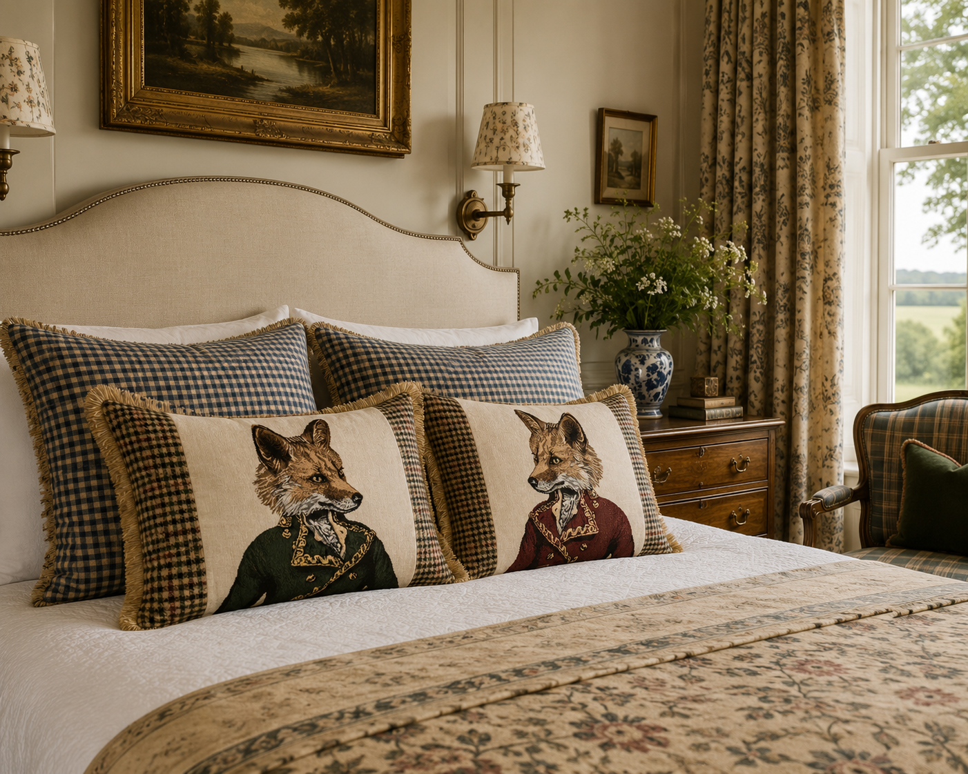 Pair of Master Fergus & Fernando Fox Tapestry Cushion with Tweed & Fringe – Save £40